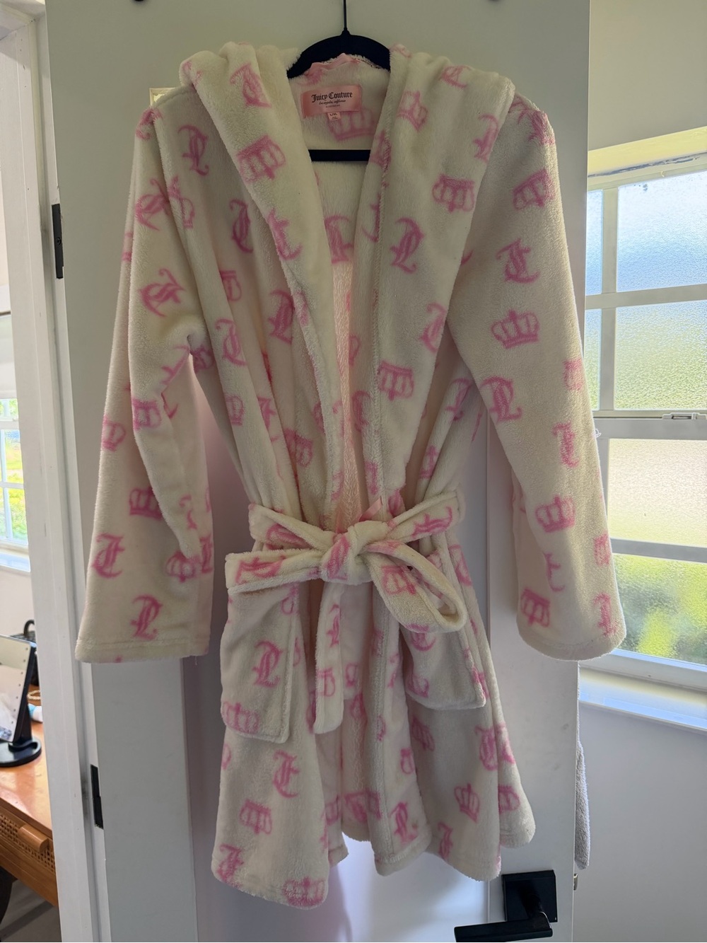 Juicy Couture Cream Plush Hooded Kids Robe with Pink Logo Print